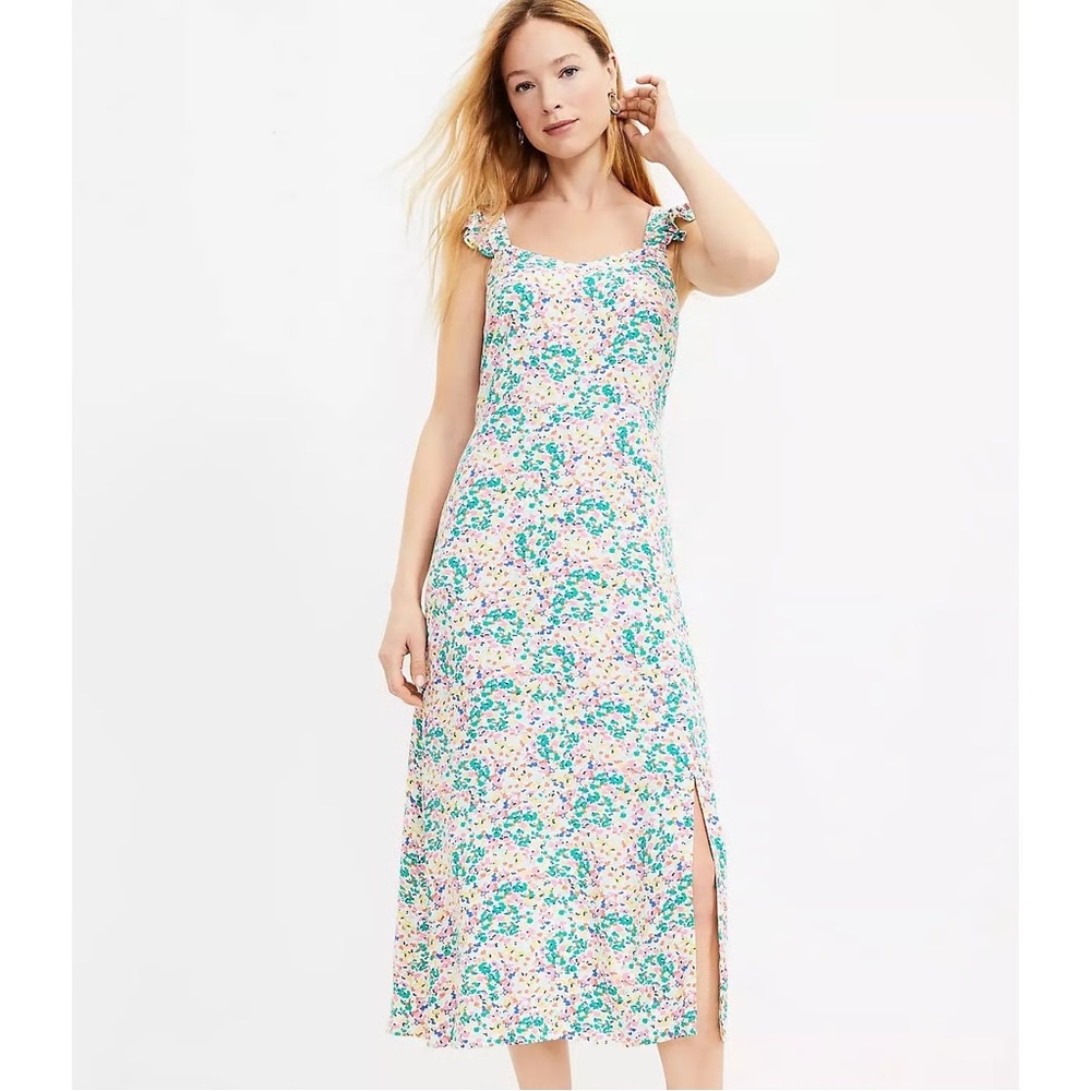 NEW Loft Multi Color Floral Abstract Maxi Dress Size 0 Ruffle Sleeves & Slit